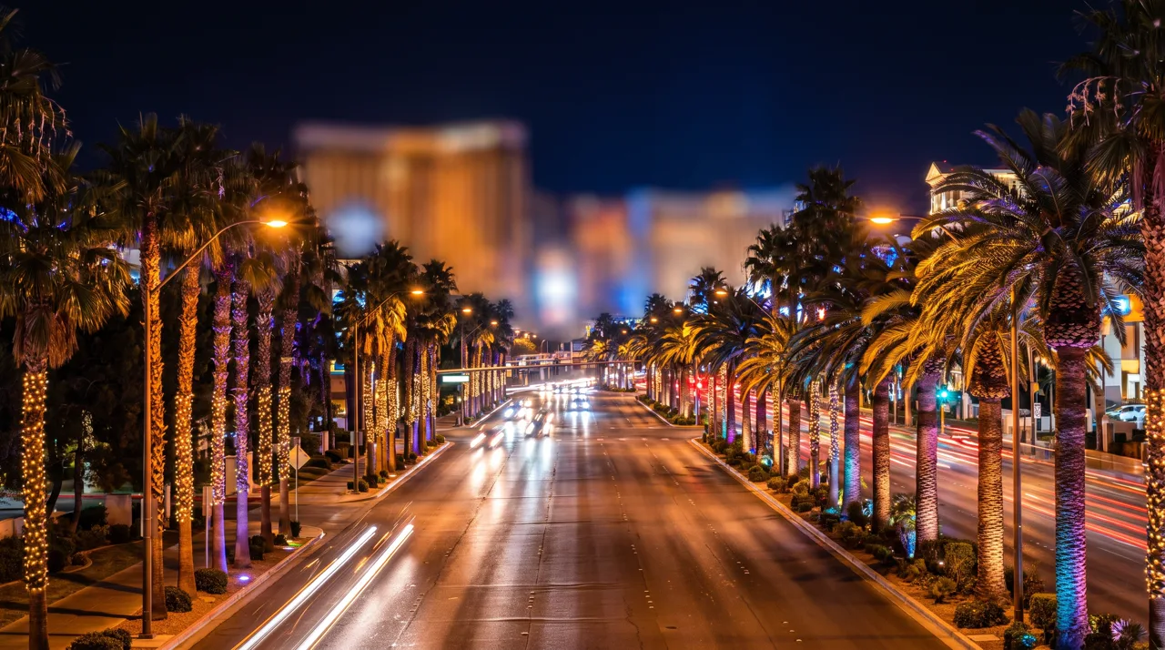 Luxor pyramid with Sky Beam and Excalibur castle towers on the south Las Vegas Strip at night
